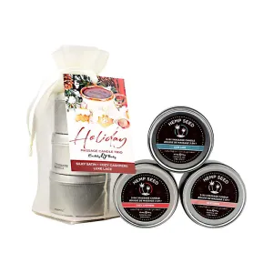 Earthly Body Hemp Seed Holiday Candle Trio Includes: 1 of each Hemp Seed 3-in-1 Massage Candle 2 oz in Silky Satin. Cozy Cashmere. and Luxe Lace