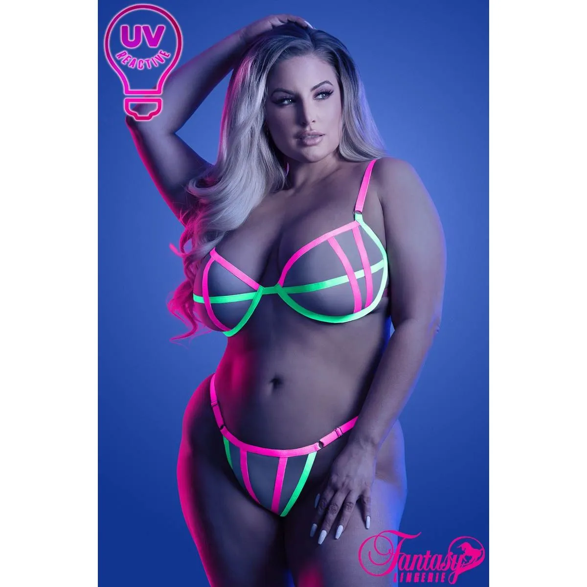 Glow Strappy UV Bra & Panty Set by Fantasy Lingerie