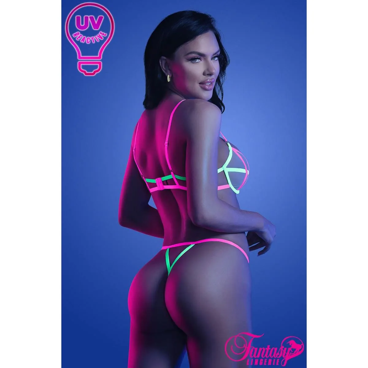 Glow Strappy UV Bra & Panty Set by Fantasy Lingerie